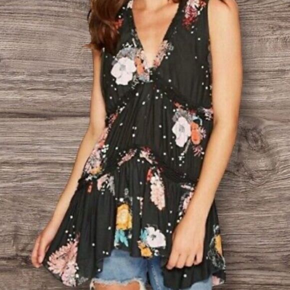 Free People Hazel Sleeveless Tunic Top Green Floral Women’s Small - Picture 1 of 5